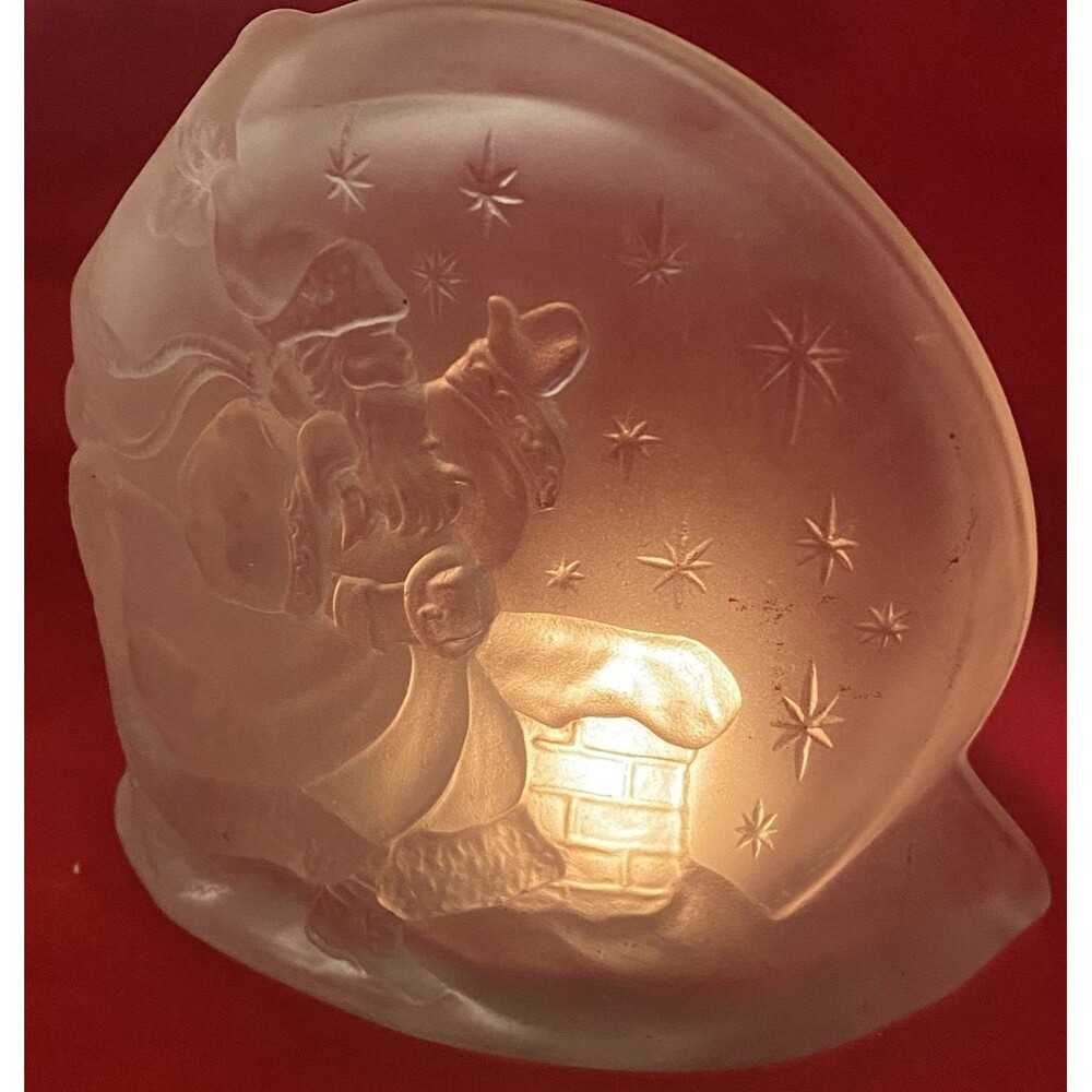 Christmas Frosted Glass Santa Candle Holder Votive Tea Light Holiday Clear Vtg